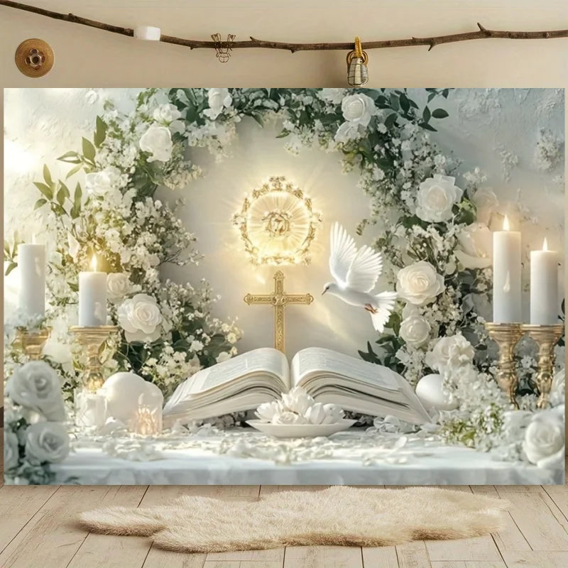 First Holy Communion Backdrop Flower Gold Cross Decor Boy Girl Baby Shower My Baptism Birthday Party Photography Background Prop