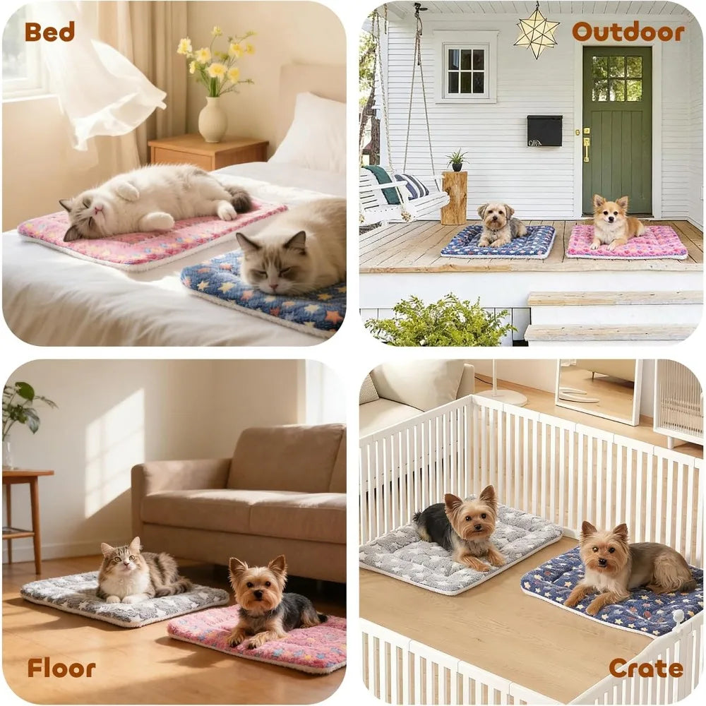 Ultra Soft Pet Bed with Star Print, Washable Crate Mat for Small Dogs & Cats, Reversible Fleece, 14x17.5in Pink