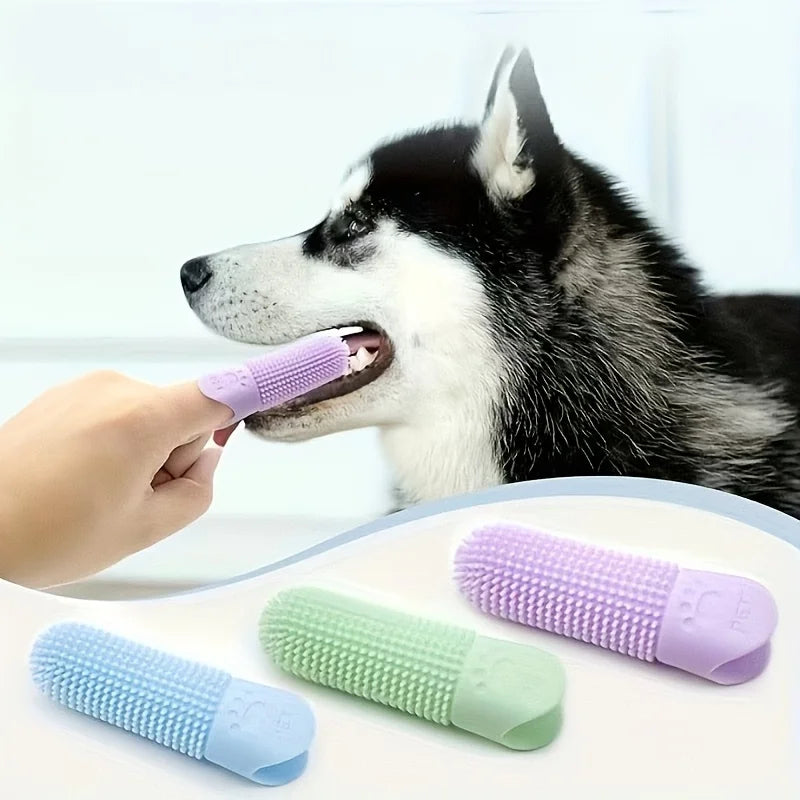 Soft silicone dog toothbrush by I YAN, 360° finger design for effective pet teeth cleaning for dogs and cats.