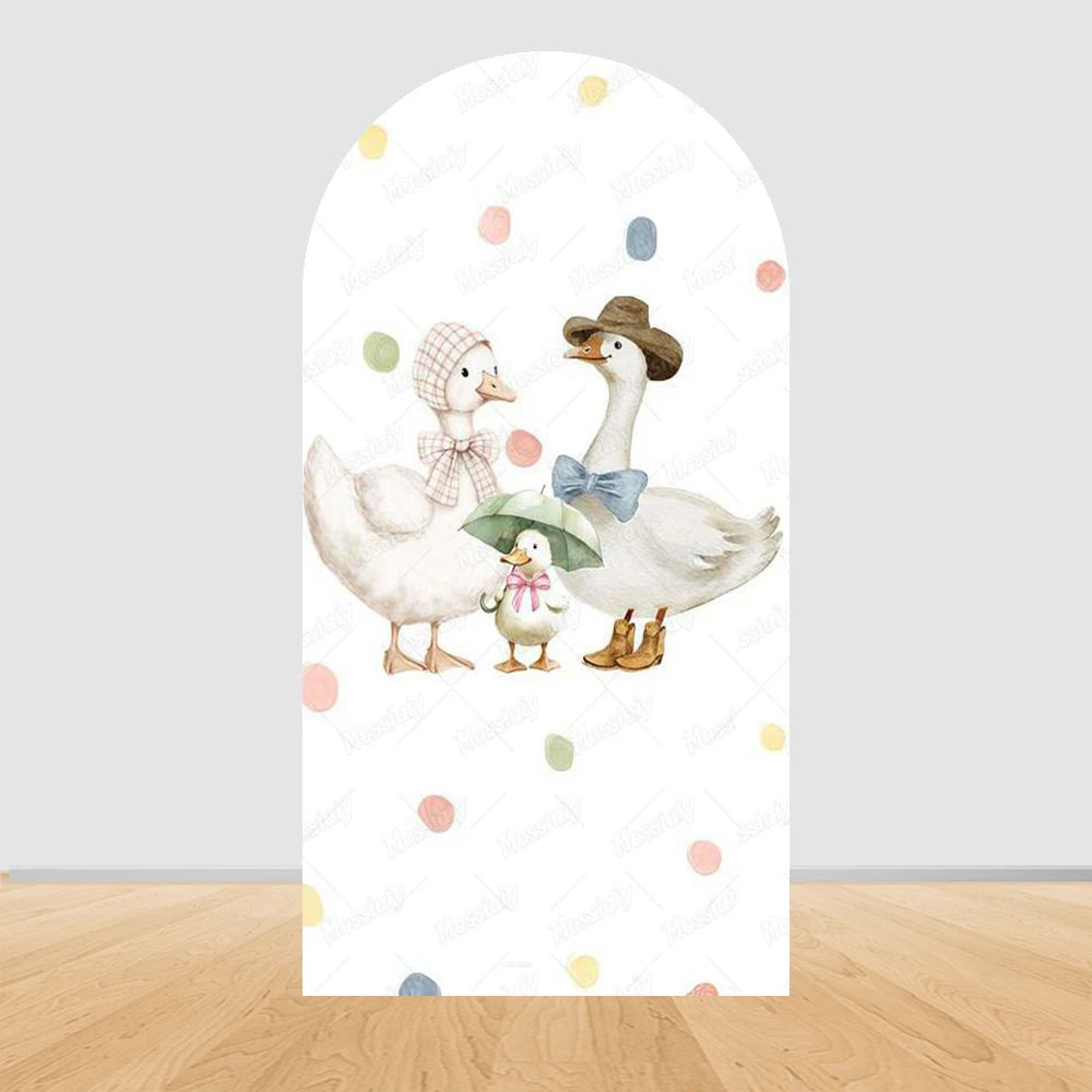 Cartoon Big White Goose Pink Bow Arch Cover Backdrop Children Baby 1st Birthday Party Baby Shower Decor Background Double-Sided