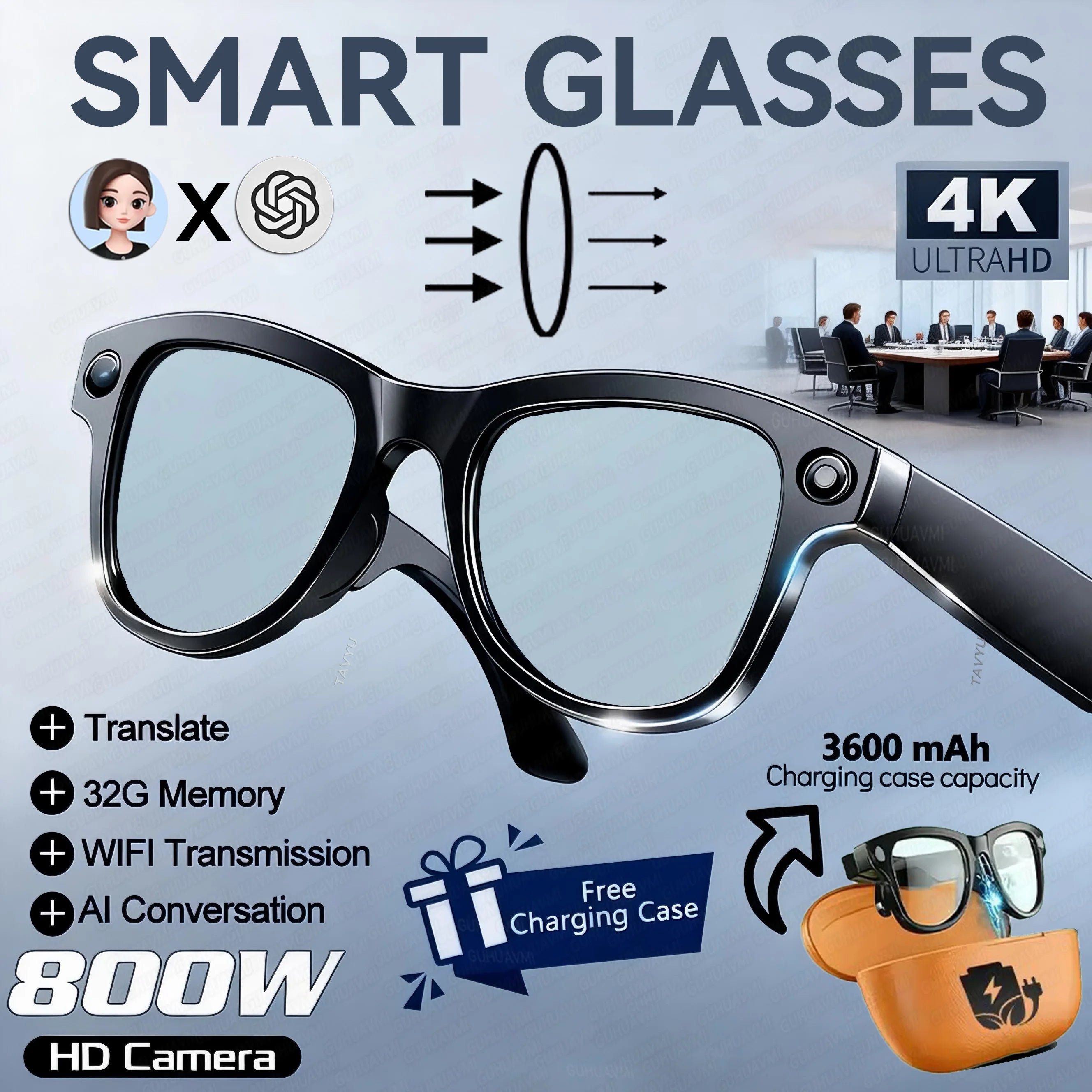 2026 Smart AI Glasses 4K 800W Camera 3600mAh Power Bank 32GB Memory 120+ Translation ChatGPT Music Photos &Video Sunglasses Men