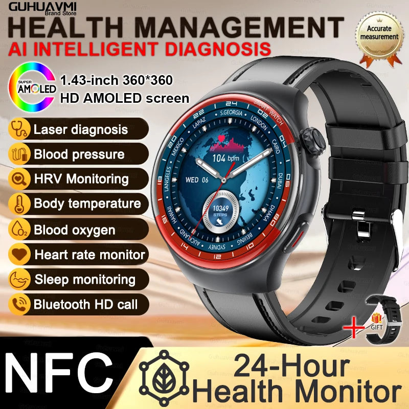 Sapphire Glass Laser Detection Health Smartwatch Men Precise Heart Rate Blood Pressure 150+Sports Bluetooth Call NFC Smart Watch
