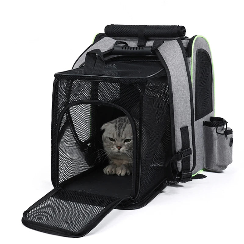 Expandable I YAN cat carrier backpack with shade cover and breathable mesh, designed for travel with small cats and dogs.