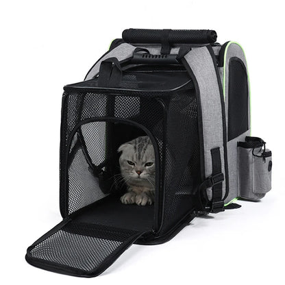 Expandable I YAN cat carrier backpack with shade cover and breathable mesh, designed for travel with small cats and dogs.