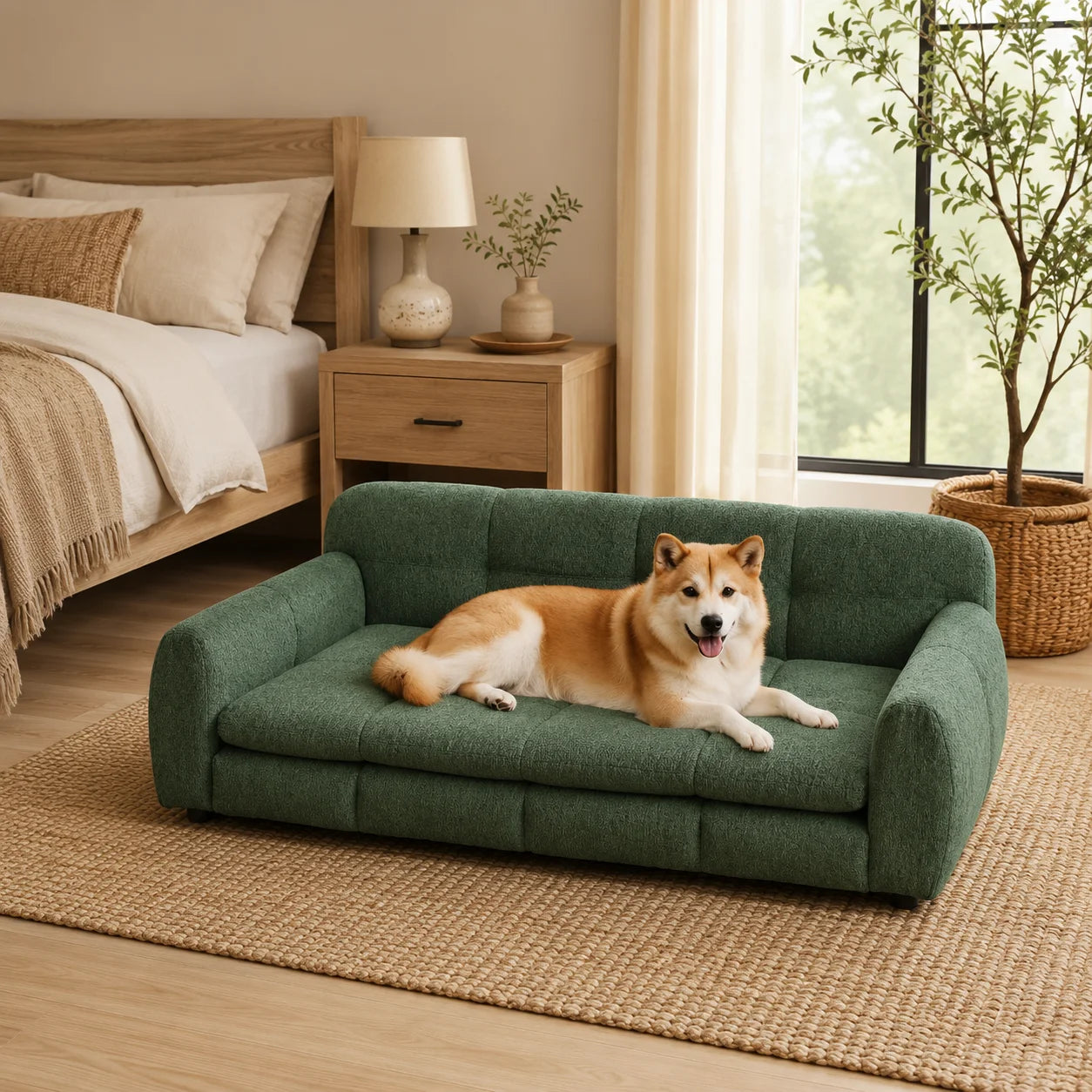 Olive Green Oversized Dog Sofa Bed for Large and Extra Large Dogs, Upholstered Linen Pet Couch with Supportive Armrests and Backrest, Low Stable Legs, Comfortable Elevated Furniture-Style Bed for Living Room, Bedroom and Indo