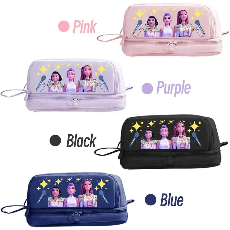 I YAN Kpop Demon Hunters pencil case with double-layer anime stationery bag featuring colorful Demon Hunters design for kids.