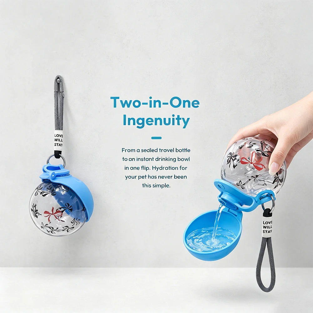 Portable I YAN pet water bottle with detachable bowl and wrist strap, leak-proof travel dispenser for pets.