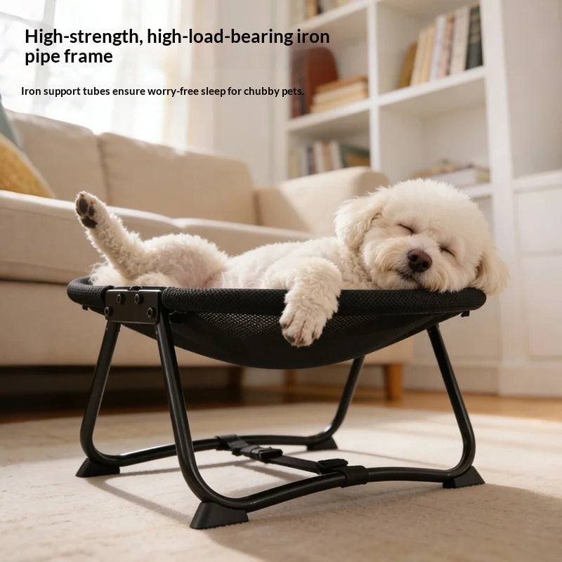 Elevated I YAN folding pet cot bed with breathable mesh for cats and small dogs, featuring a cooling, lightweight design.