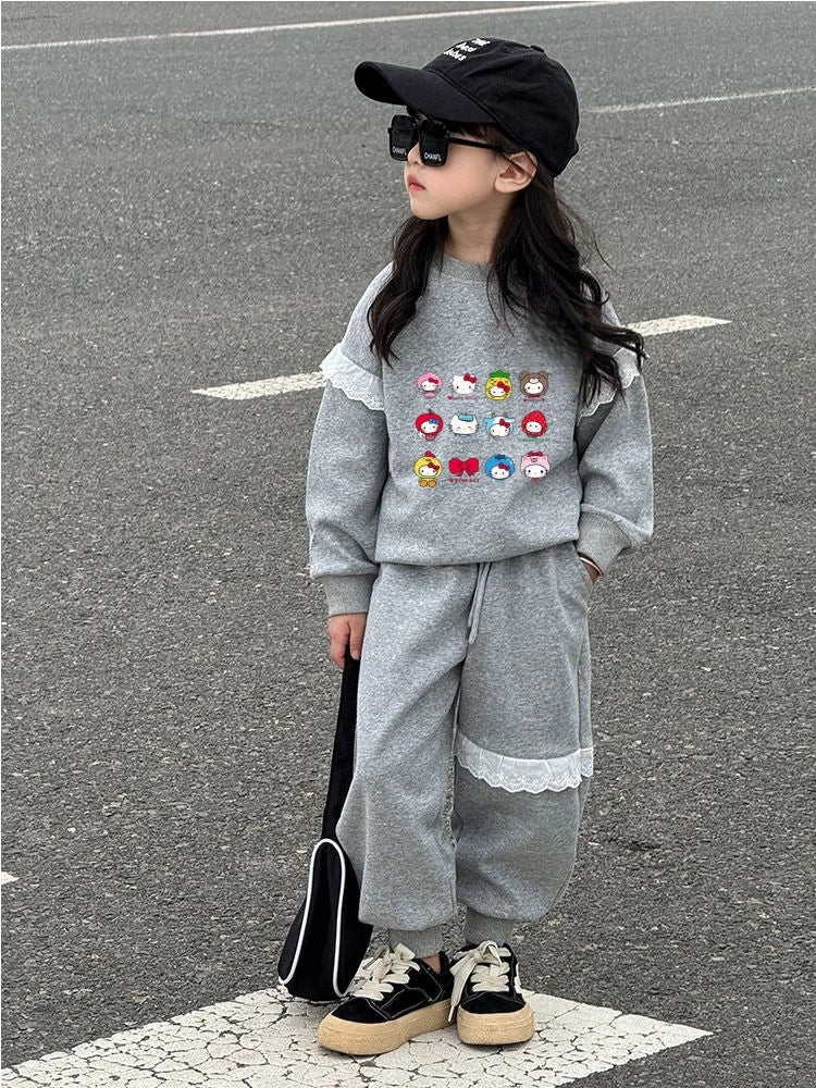 Girl Clothes Sets Autumn Kid HELLO KITTY Sweatshirts Pullover Lace Trim Top & Pants 2pcs Suit Children Sweet Tracksuits Outfits