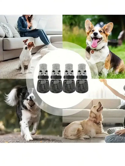 Waterproof non-slip pet socks by I YAN, four-pack, outdoor paw protectors for dogs and cats showing socks on paws.