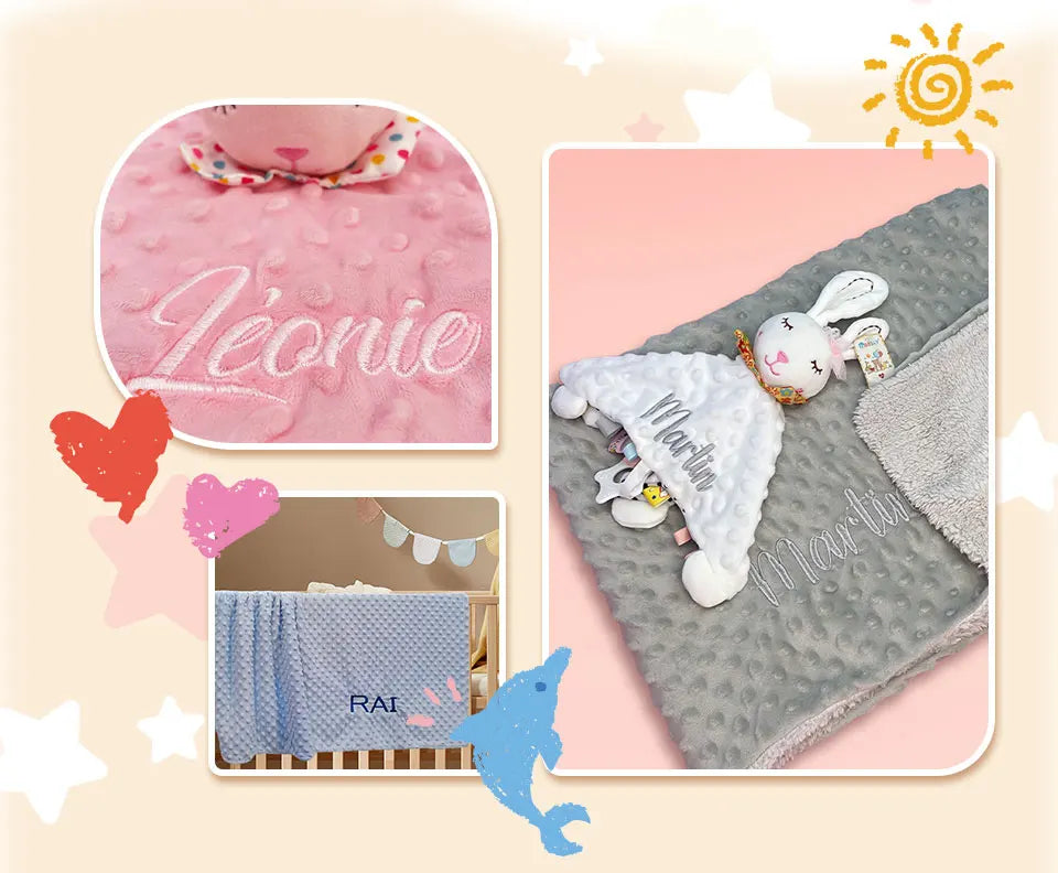 Soft I YAN custom baby blanket with personalized name, minky dot design, doubles as a cozy blanket and lovey for boys and girls.