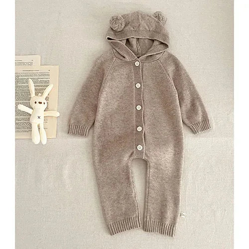 2026 New Spring 0-24M Toddler Baby Boys Girl Knitted Romper Long Sleeved Solid Color Hooded Infant Baby Knitted Jumpsuit