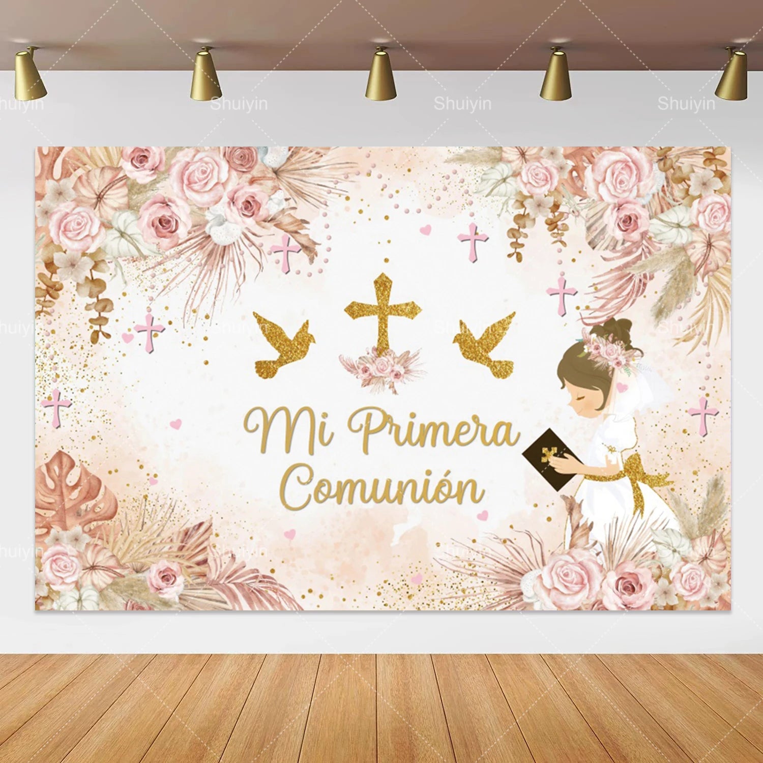 Boy Girl First Communion Backdrop Gold Cross Grail God Bless Baptism Party Decor Background Christening Baby Shower Photo Props