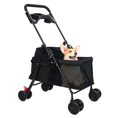 I YAN 4-wheels dog and cat stroller with folding design, cup holder, and clear window for medium-sized pets outdoors.