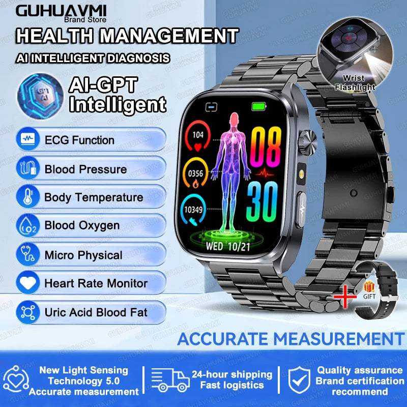 2025Nursing Level Uric Acid Blood lipids Smart Watch Men Blood Pressure ECG+PPG Clock Body Analysis Voice Call Health Smartwatch