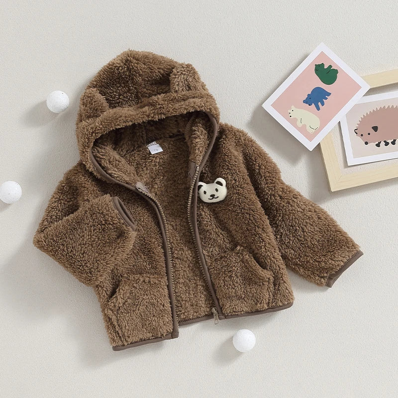 0-24months Unisex Baby Fuzzy Coat 3d Bear Hooded Jacket For Infant Girl And Boy Zipper  Spring Autumn Closure Fleece Outerwear