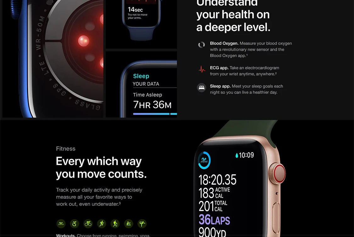 100% Original Apple Watch Series 6 40mm 44mm GPS Apple Watch S6 Aluminum Case with Sport Band iOS SmartWatch