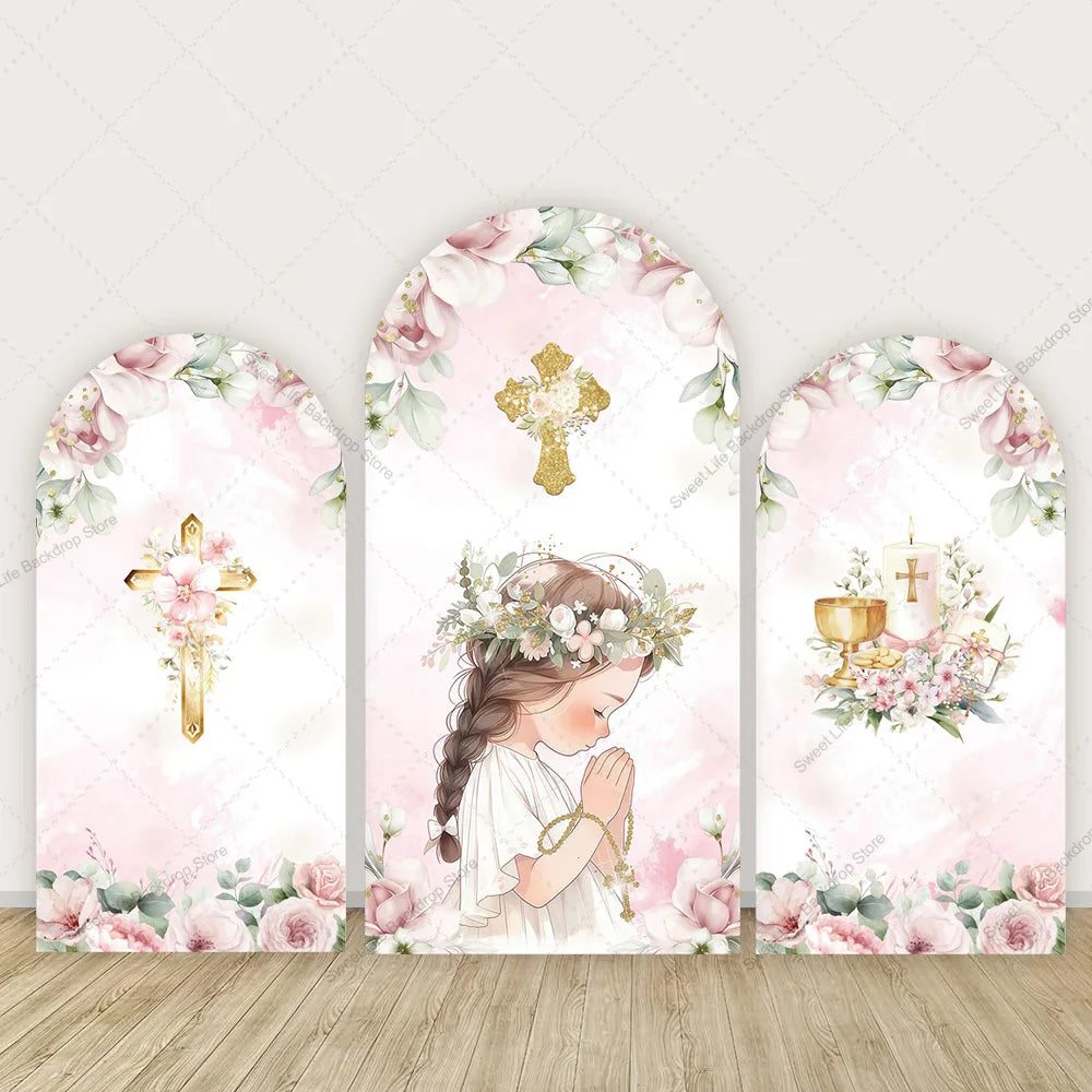 Girl First Holy Communion Arch Cover Backdrops God Bless Cross Grail Candle Decor Party Arched Wall Banner Background