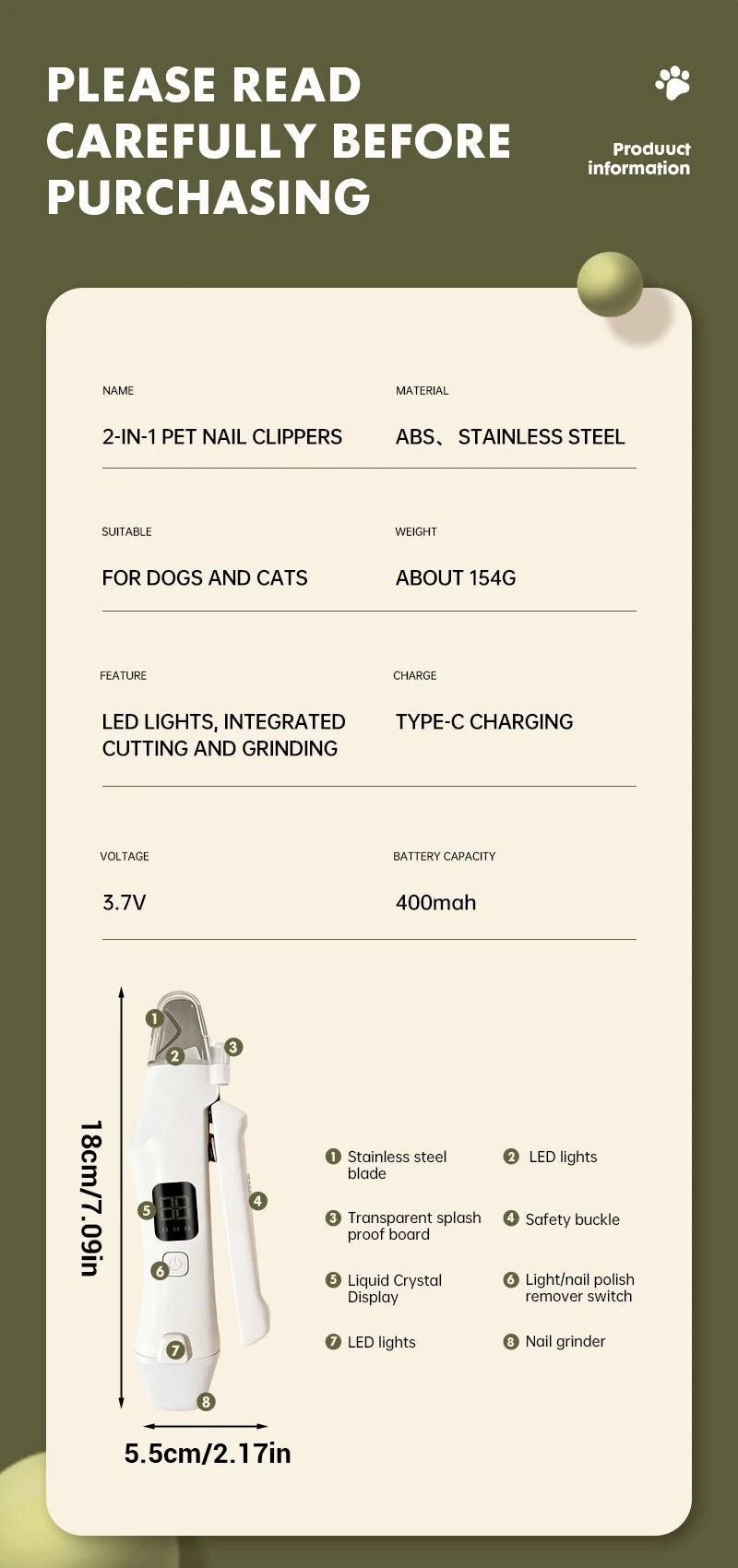 I YAN 2-in-1 electric pet nail trimmer with LED lights, suitable for small to large dogs and cats, featuring grinding and trimming functions.