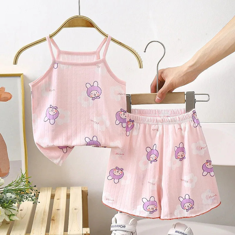 Baby girl and boy summer clothes sets by I YAN, cotton strap suits with printed tops and shorts for toddlers and infants.