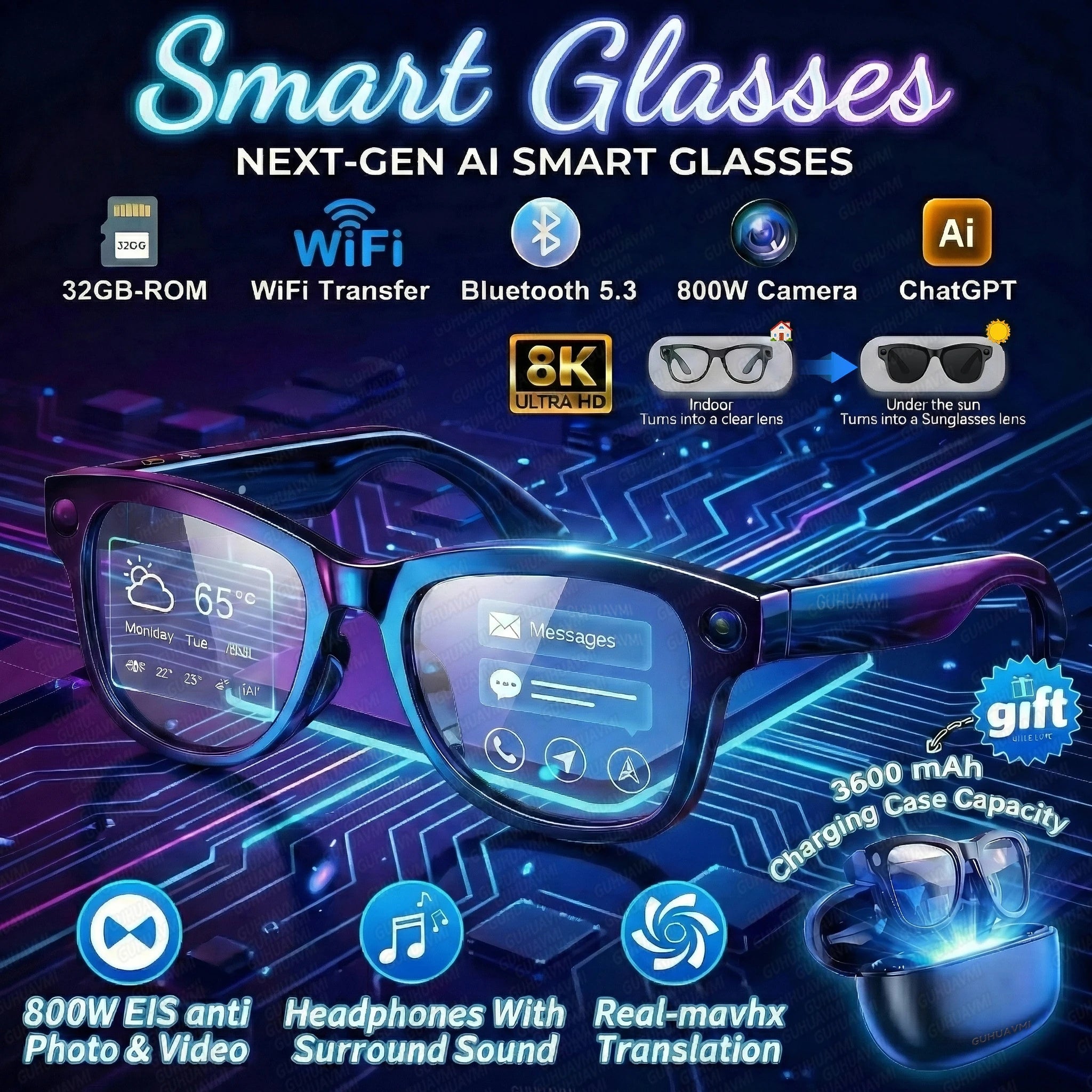 2026 Smart AI Glasses 4K 800W Camera 3600mAh Power Bank 32GB Memory 120+ Translation ChatGPT Music Photos &Video Sunglasses Men