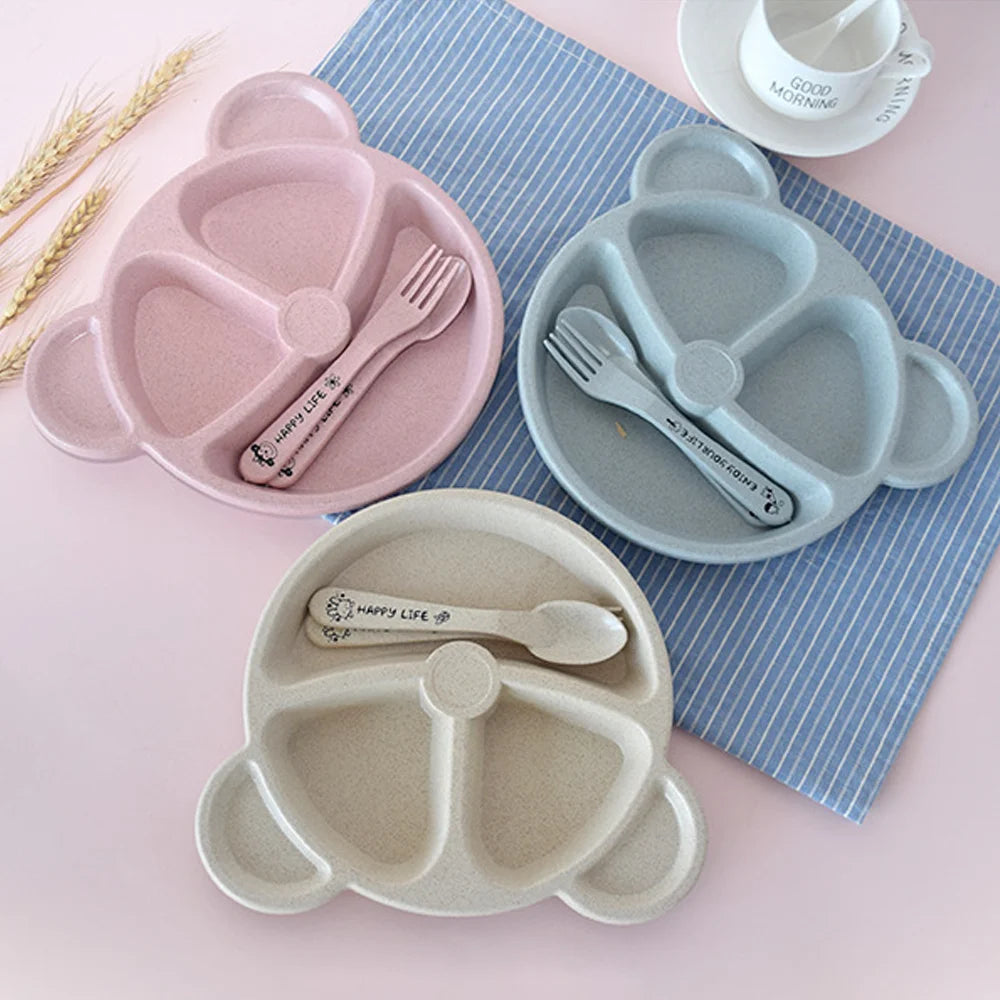 3Pcs Wheat straw children compartment dinner plate kindergarten students bear tableware set children tableware lunch box