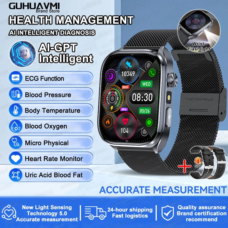 2025Nursing Level Uric Acid Blood lipids Smart Watch Men Blood Pressure ECG+PPG Clock Body Analysis Voice Call Health Smartwatch