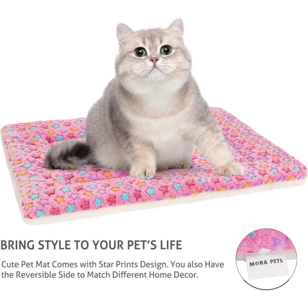 Ultra Soft Pet Bed with Star Print, Washable Crate Mat for Small Dogs & Cats, Reversible Fleece, 14x17.5in Pink