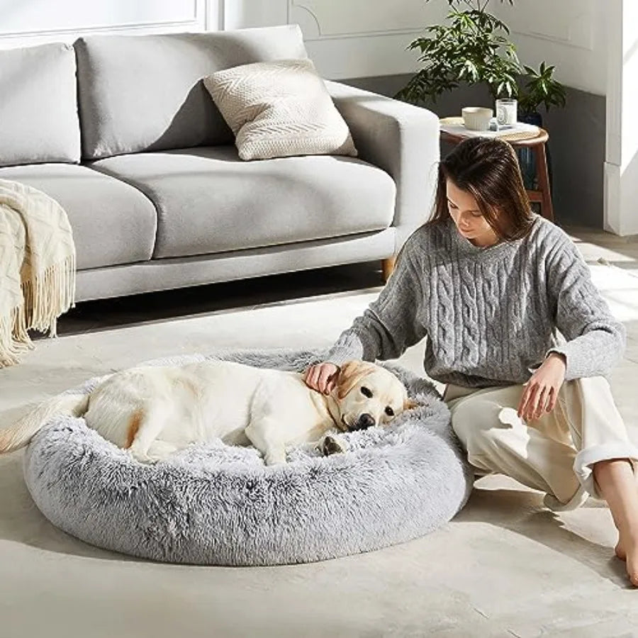 Calming anti-anxiety donut dog cuddler bed for small medium dogs and cats faux fur plush beige ultra-soft warming cozy round cu