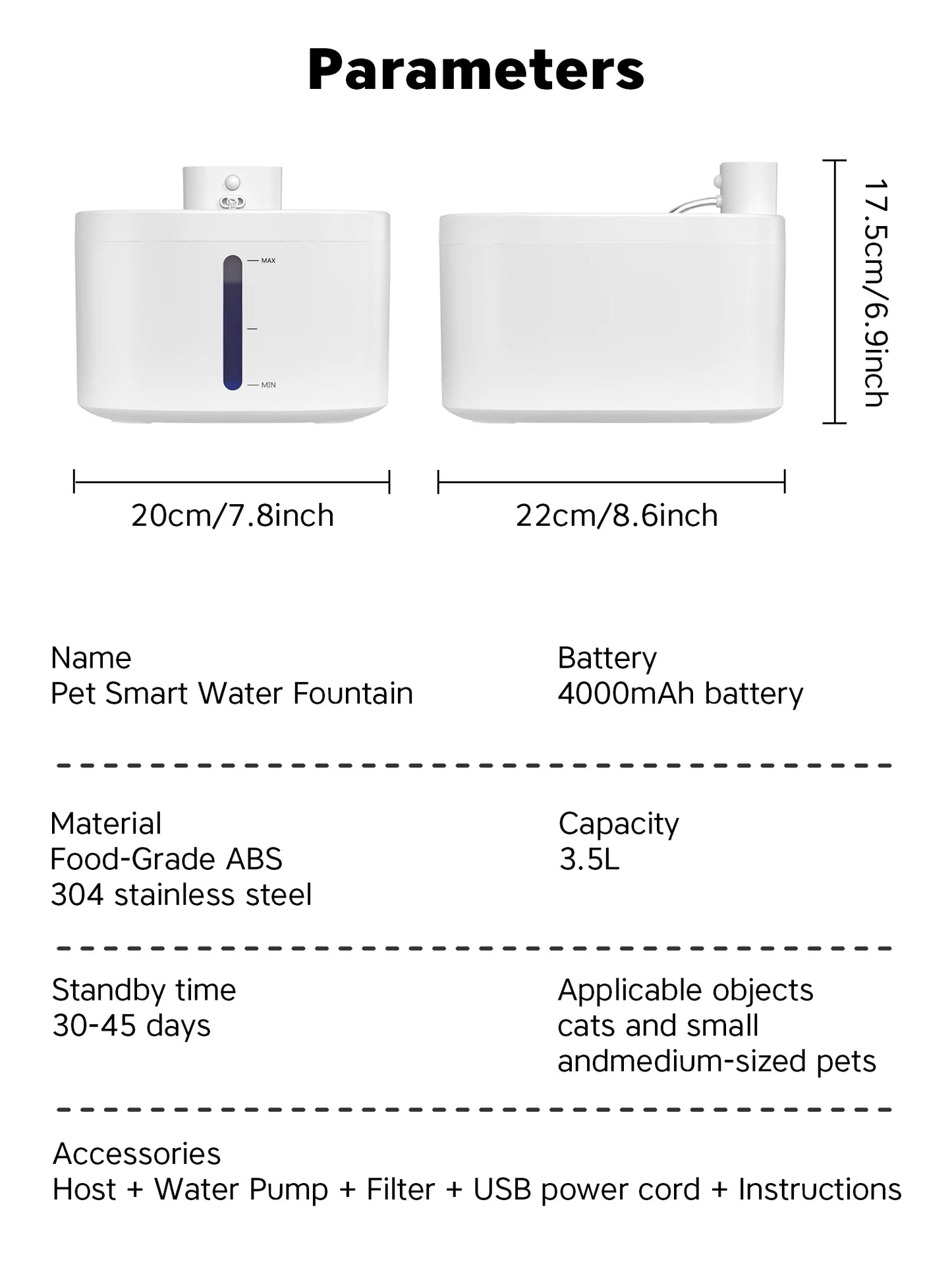 Wireless Cat Water Fountain 3.5L Pet Water Dispenser 4000mAh Long Lasting Battery Life Stainless Steel Pallet and Motion Sensing
