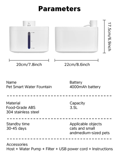 Wireless Cat Water Fountain 3.5L Pet Water Dispenser 4000mAh Long Lasting Battery Life Stainless Steel Pallet and Motion Sensing