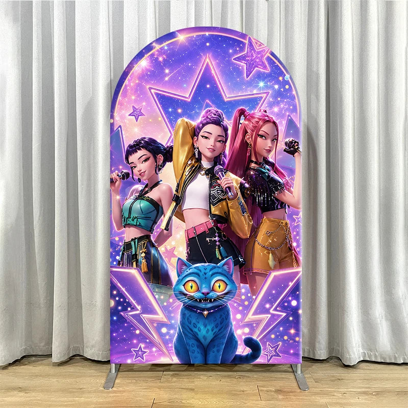Kpop Demon Hunters Arch Backdrop CoverGirl Group Birthday Arched Banner, Spandex Elastic Photo Booth Background for Party Decor