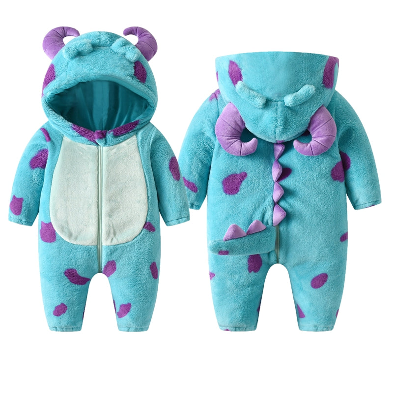 1-5years Kids Infant Fleece Jumpsuit Pajamas Cartoon Monster Horn Hooded Warm Thicken Winter Rompers Snowsuit For Girls And Boys