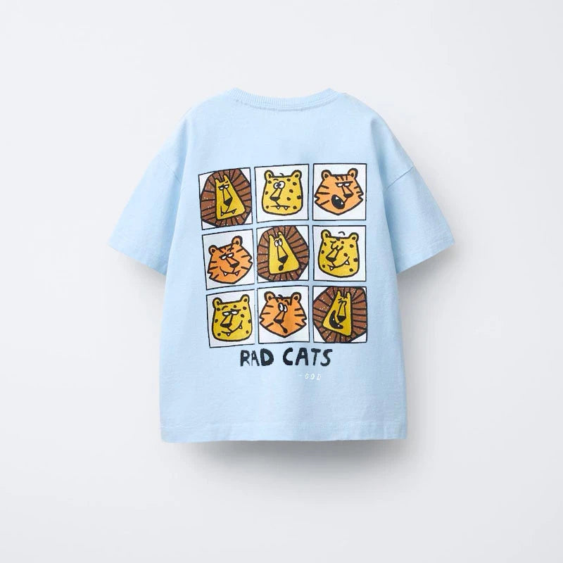 Animal pattern boys' T-shirt by I YAN with short sleeves, round collar, and fun animal print for kids' summer fashion.