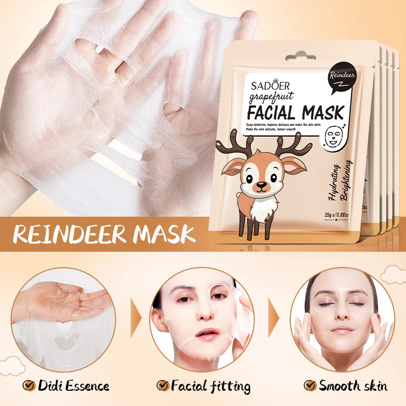 5pcs SADOER Cartoon Fresh Fruit Facial Masks Moisturizing Soothing Brightening Hydrating Face Mask for Facial Skin Care