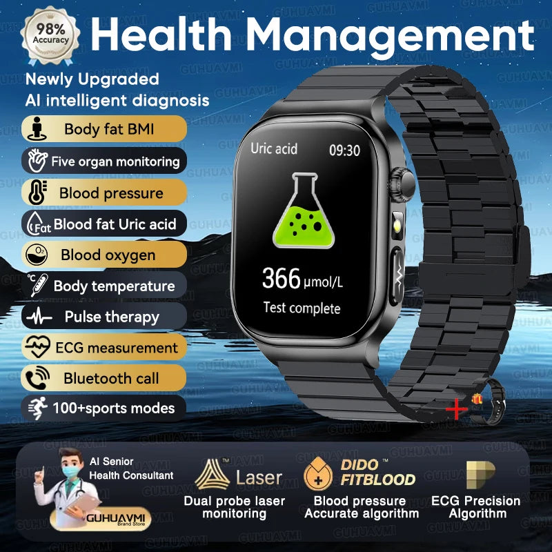 2025 New Precision detection ECG+PPG Uric acid Blood Fat SmartWatch Men Blood Pressure Blood oxygen Voice Call Health Smartwatch