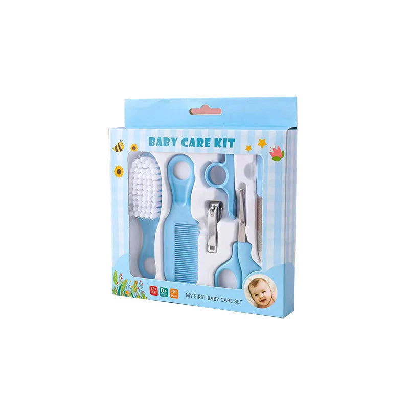I YAN 5-in-1 baby grooming kit with pink and blue set including brush, comb, and nail tools for newborn care.