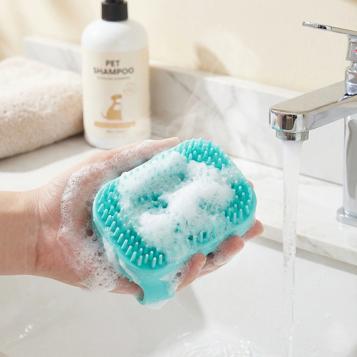 Pet bath massage brush with shampoo dispenser for dogs and cats, I YAN 2-in-1 grooming tool for easy bathing and grooming.