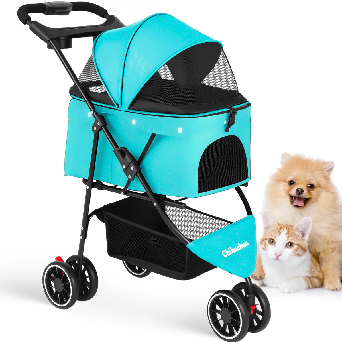 Foldable I YAN pet stroller with breathable mesh canopy, 3 wheels for small and medium cats and dogs, suitable for outdoor travel.