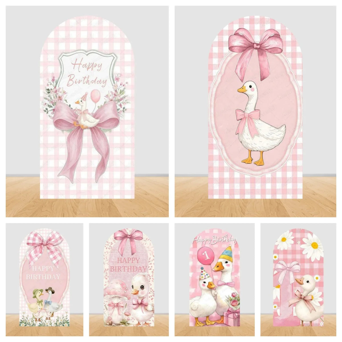 Cartoon Big White Goose Pink Bow Arch Cover Backdrop Children Baby 1st Birthday Party Baby Shower Decor Background Double-Sided