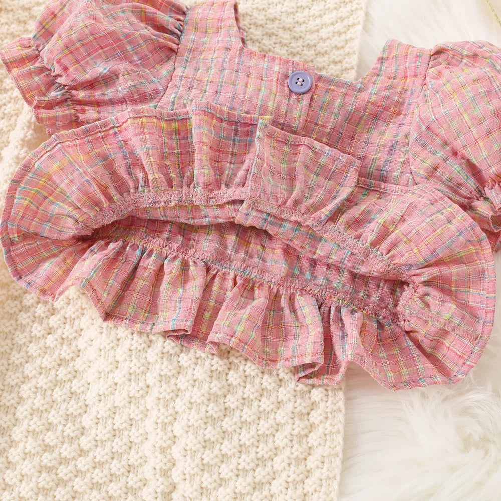 I YAN summer baby girl cotton plaid bubble sleeve top and shorts set, cute princess style two-piece outfit for ages 0-3 years.