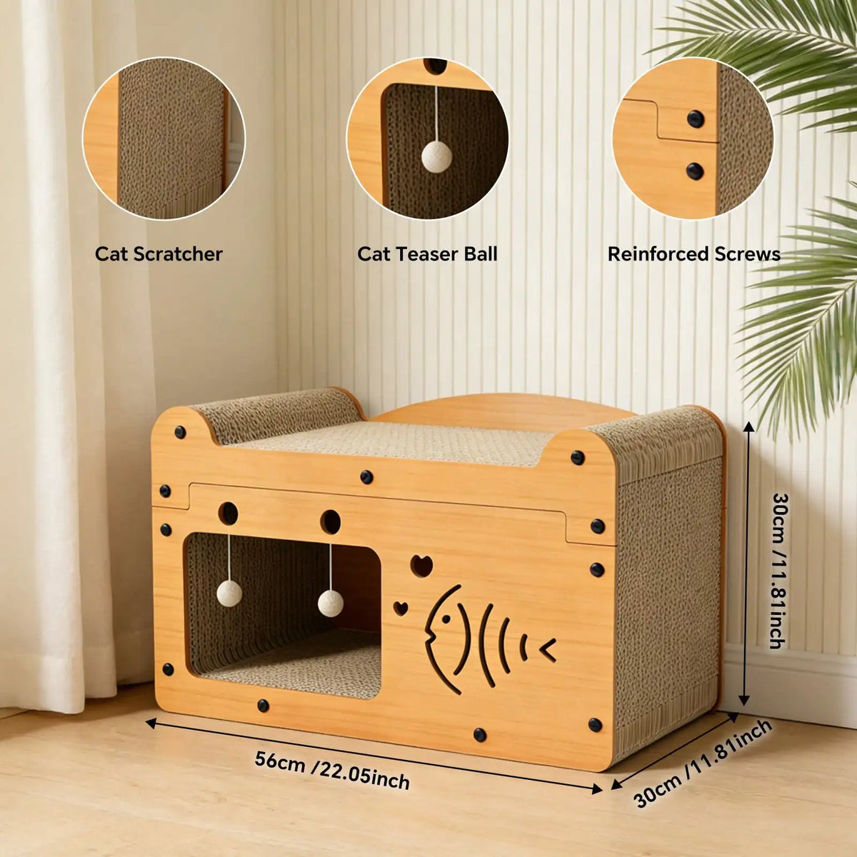 I YAN 2-in-1 double layer cat scratcher lounge with cardboard hideaway and colorful pom-pom toys for cats.