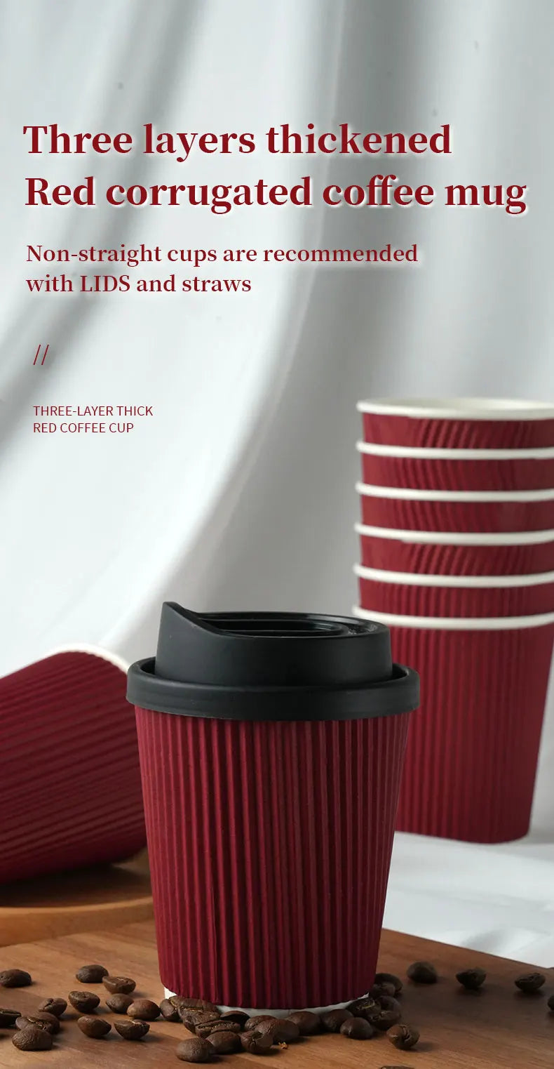 30pcs 8oz  Double-Walled Insulated Corrugated Cardboard Coffee Cups Thickened Disposable Striped Portable Paper Cups With Lids