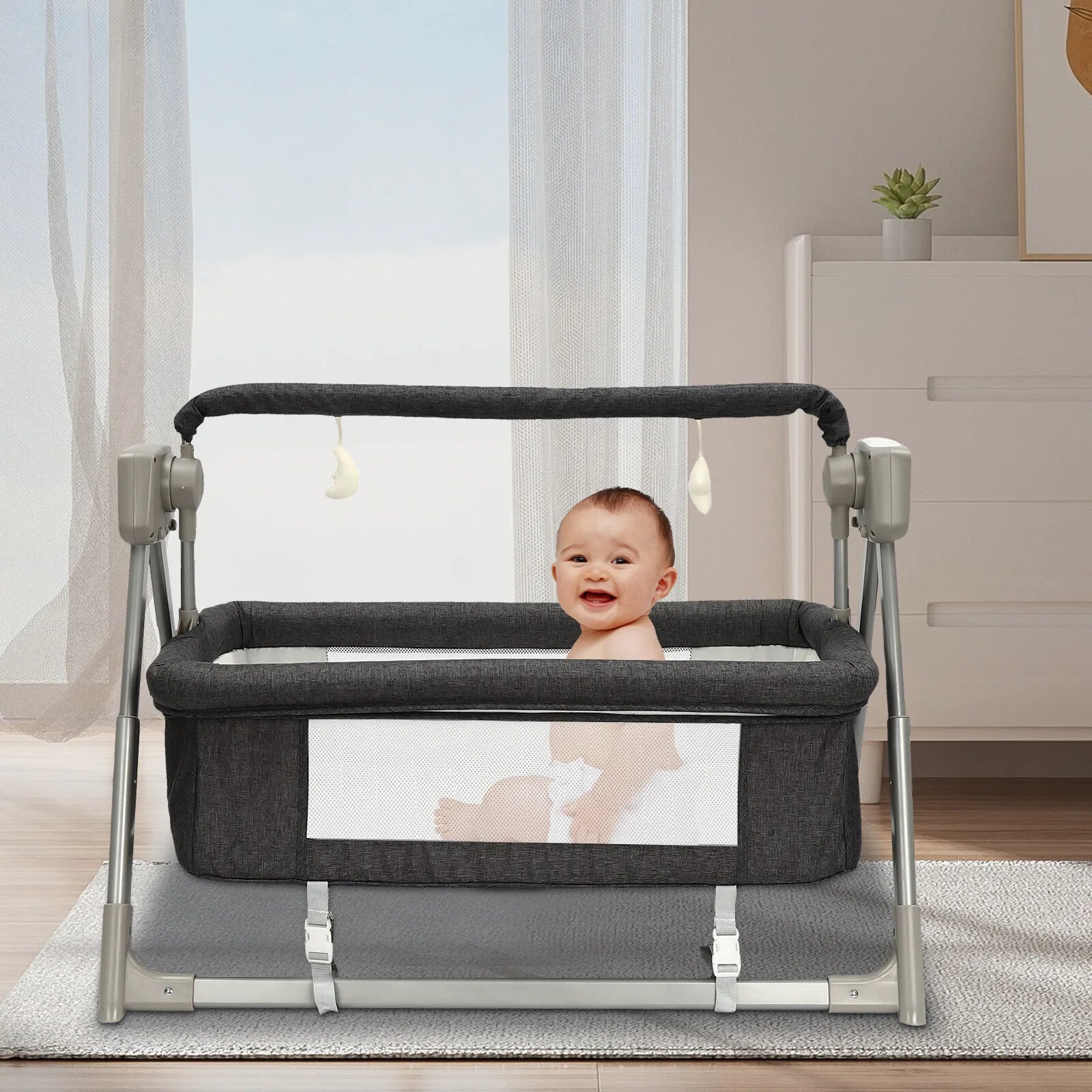 Portable electric baby swing cradle with Bluetooth from I YAN, featuring a comfortable rocking bassinet for infants.