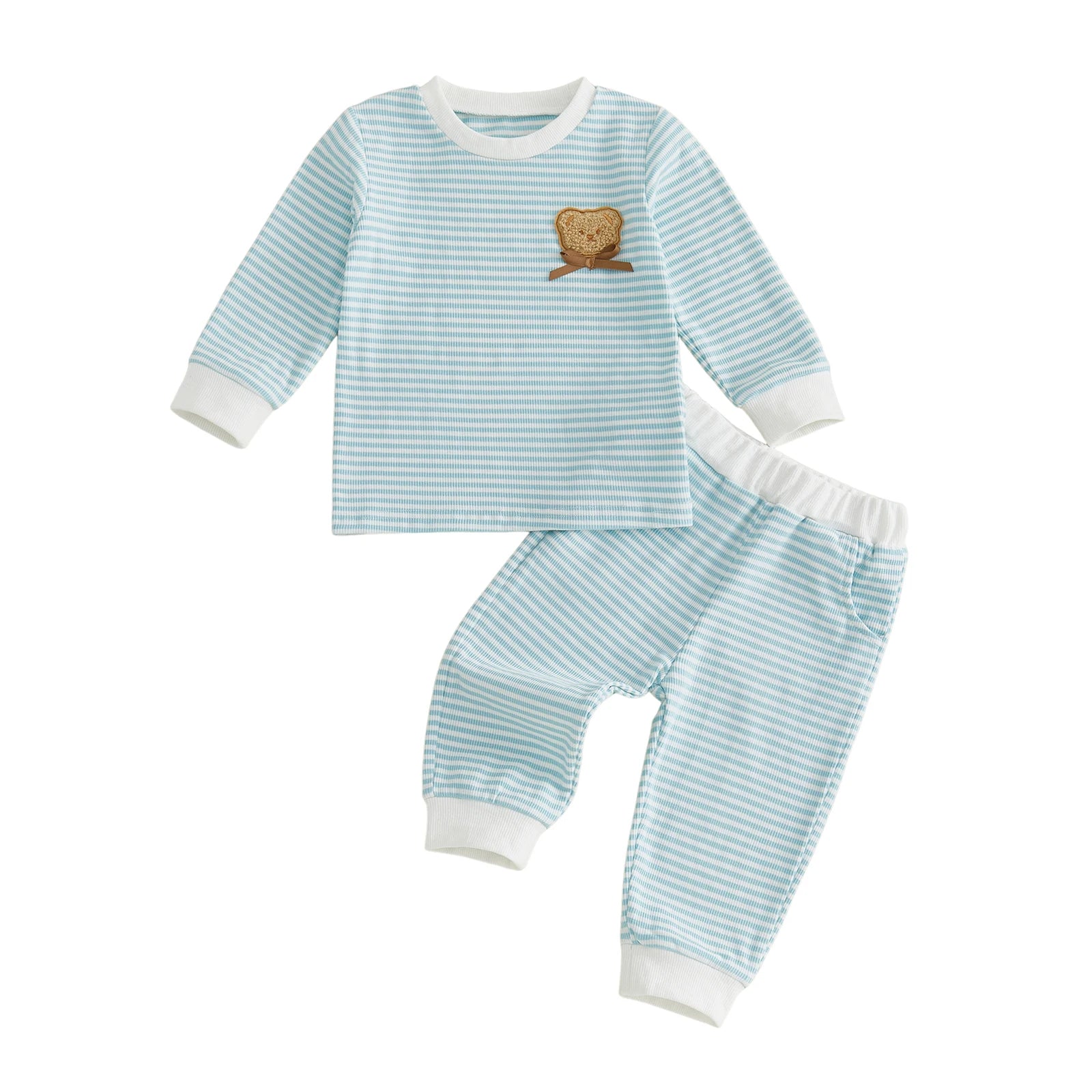 I YAN toddler crew neck shirt with striped print, embroidered bear design, perfect for fall, featuring a comfortable crew neckline.