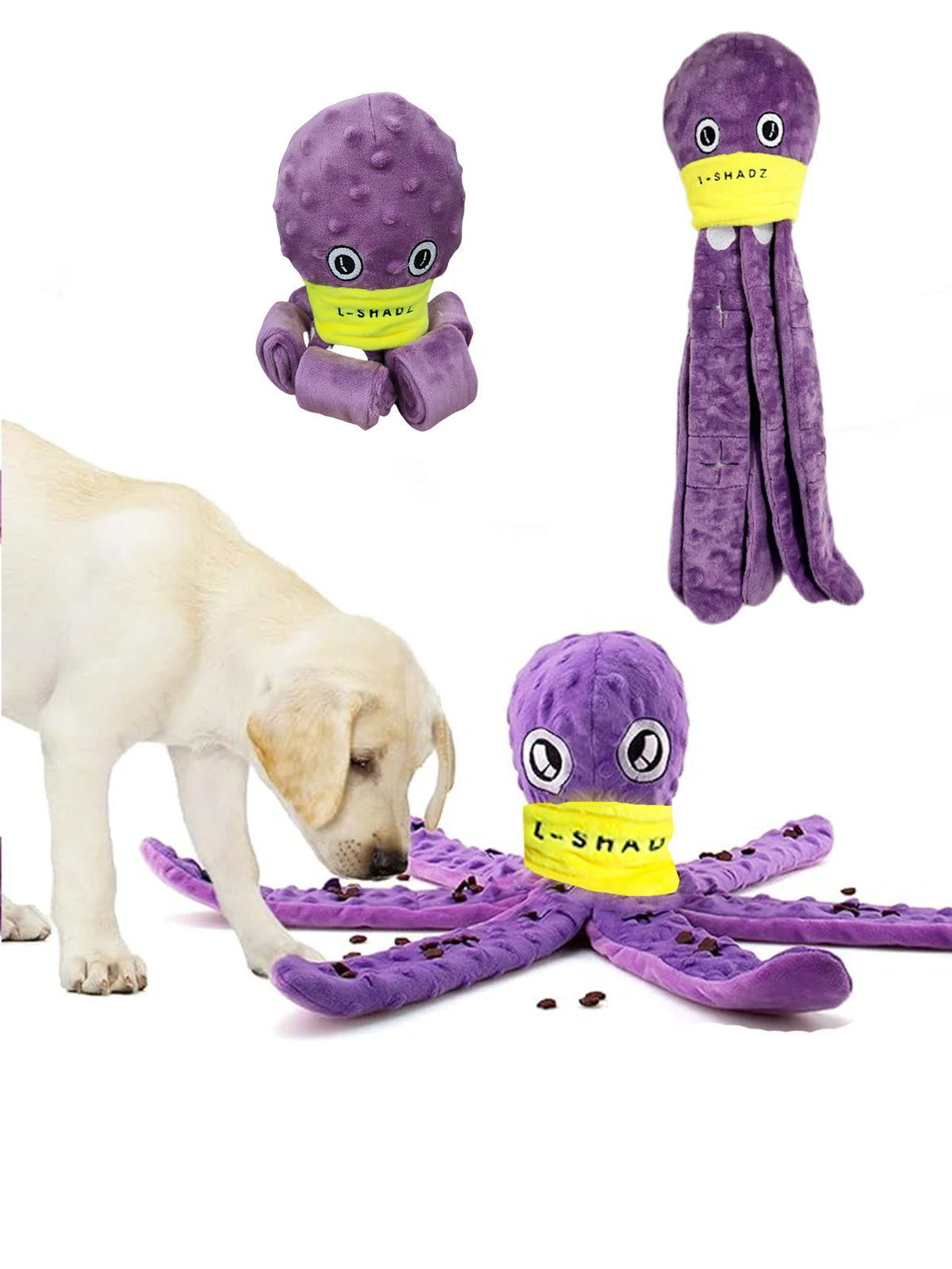 I YAN dog snuffle octopus plush toy with multiple fabric layers for interactive puzzle and slow feeding chew play.