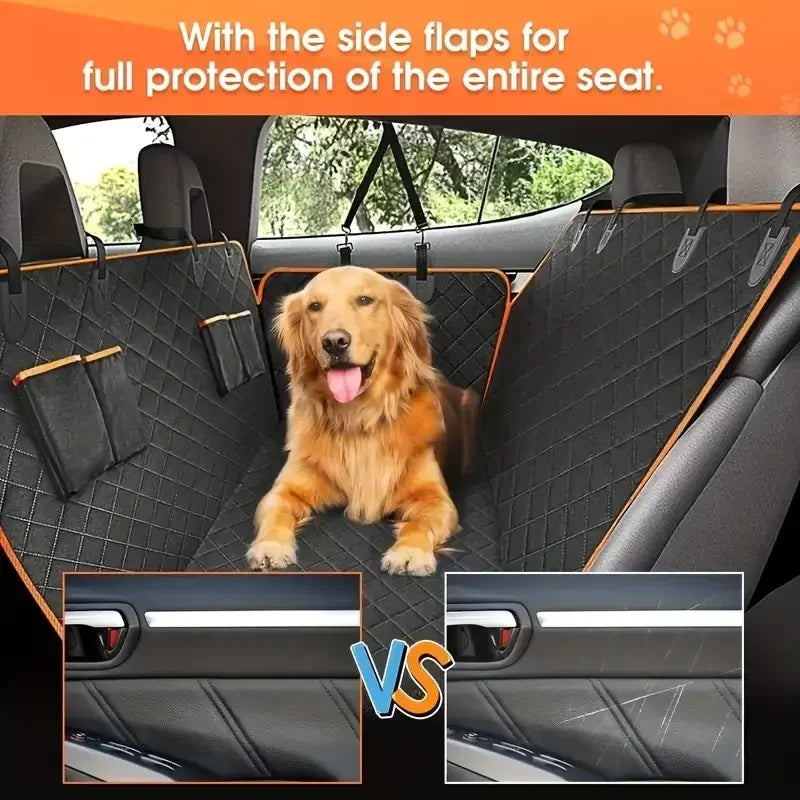 I YAN waterproof dog car seat cover in hammock style, showing soft, scratch-proof, nonslip fabric protecting vehicle back seats.