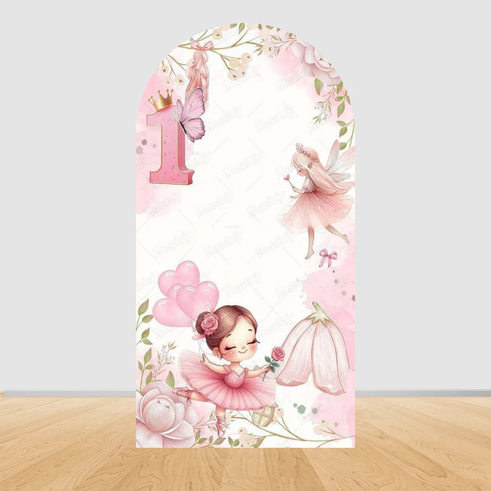 Fairy First Birthday Arch Cover Background Flower Pink Mushroom Door Ballet Girl Baby Shower Party Decor Photo Arch Backdrops
