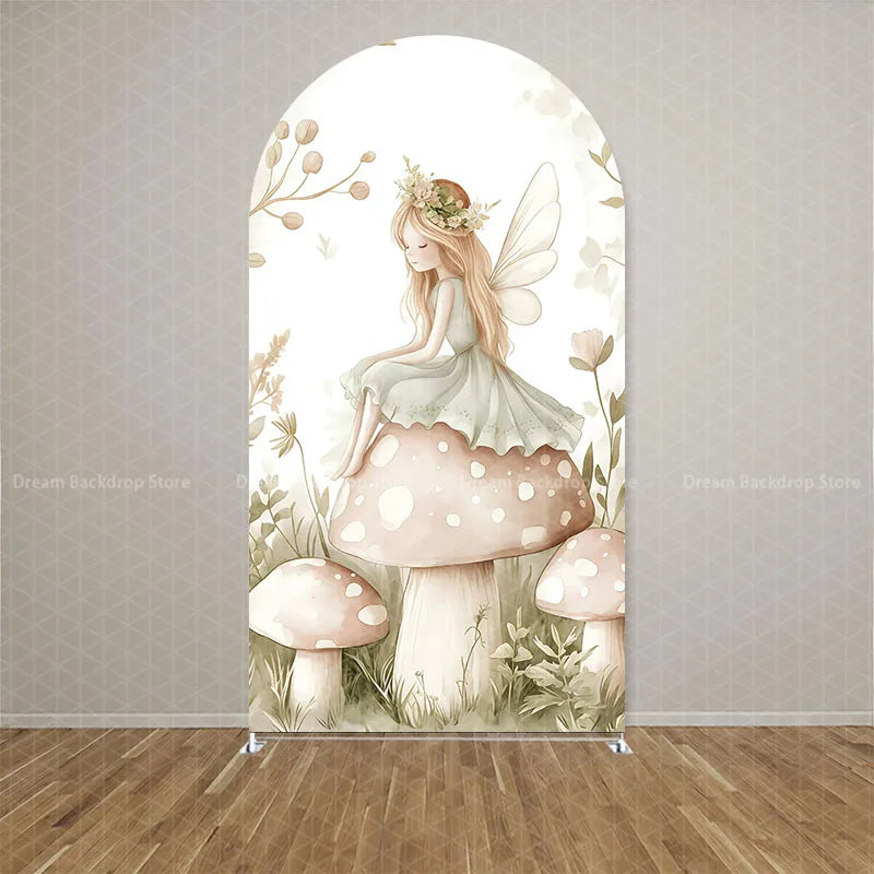 Custom Double-sided Wonderland Fairy Mushroom Butterfly Arch Backdrop Cover Girls Birthday Party Baby Shower Decor Background