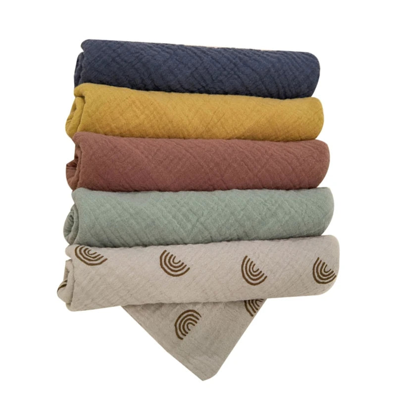 Set of five I YAN square cotton baby face towels and burp cloths, soft, absorbent gauze handkerchiefs for feeding and cleaning.